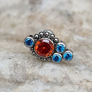 Orange and Aqua Crystal Cluster Internally Threaded Labret Stud - 1.2mm Gauge - suitable for ear cartilage, conch, tragus, helix etc