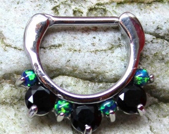Black Crystal Fire Opal Prong-Set | Hinged Straight Bar | Septum Daith Ear Piercing Clicker Ring | Surgical Steel Body Jewellery | UK Seller