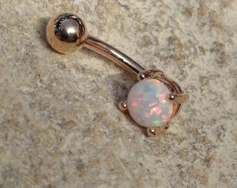 Rose Gold Plate White Single Prong Set Fire Opal Belly Bar - UK Seller