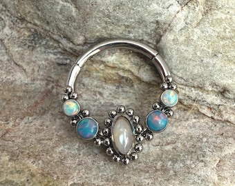 Abalone Blue Opal Cluster | 1.2mm 16g Clicker Hinged Piercing Ring | Implant Titanium Hoop Earring | Septum Ear Daith Helix Body Jewelry