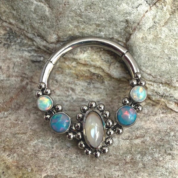 Abalone Blue Opal Cluster | 1.2mm 16g Clicker Hinged Piercing Ring | Implant Titanium Hoop Earring | Septum Ear Daith Helix Body Jewelry
