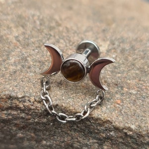 Crescent Moon Goddess and Tiger's Eye Stone Titanium Labret Stud - 1.2mm Gauge - suitable for lip, tragus, helix, conch etc - UK Seller