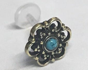 Turchese ottone Mandala fiore Bioplast interna Push Fit Labret Stud - 1,2 millimetri calibro - adatto per labbro, trago, elica ecc - venditore UK