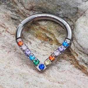 Rainbow CZ Crystal Lined | Chevron Triangle Shape | Hinged Clicker Ring Hoop | Implant Grade Titanium | Septum Daith Ear Cartilage Piercings