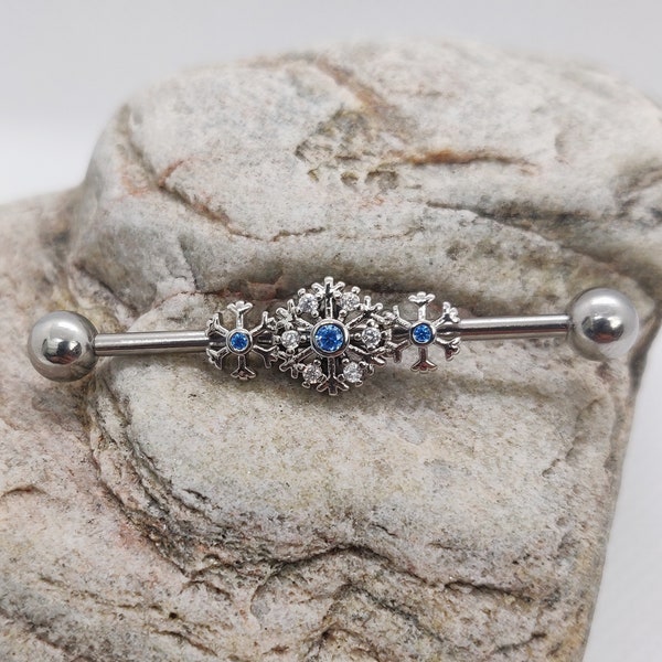 Blue White Crystal CZ Snowflake | Scaffold/Industrial Piercing Barbell | UK Seller | Ear Piercing Bar | Christmas Body Piercing Jewelry
