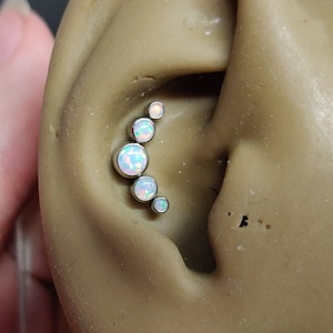White Fire Opal Arc Curve Cluster | Implant Grade Titanium | Internally Threaded Micro Labret Stud 1.2mm (16g) | Helix Conch Ear | UK Seller