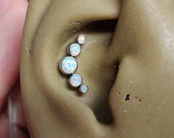 White Fire Opal Arc Curve Cluster | Implant Grade Titanium | Internally Threaded Micro Labret Stud 1.2mm (16g) | Helix Conch Ear | UK Seller
