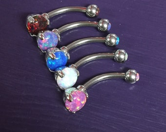 Prong Set Fire Opal Navel Ring Belly Bar - UK Seller