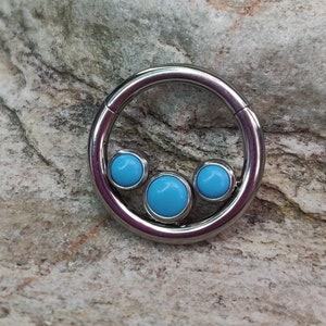 Triple Bezel Semi-Precious Stone Turquoise Implant Grade Titanium Clicker Daith / Forward Helix / Ear Piercing Hinged Ring - UK Seller