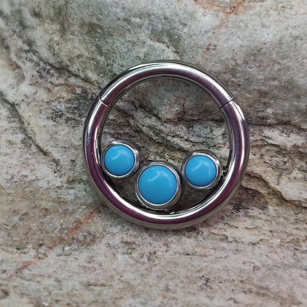 Triple Bezel Semi-Precious Stone Turquoise Implant Grade Titanium Clicker Daith / Forward Helix / Ear Piercing Hinged Ring - UK Seller