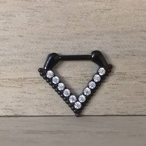 Black Crystal Chevron Diamond Shape Triangle Hinged Septum Clicker Ring - UK Seller