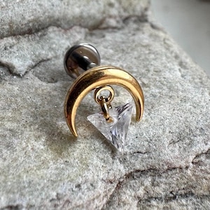 Cristal croissant de lune plaqué or | Goujon plat en titane à filetage intérieur | Anneau de conque hélix caché dans le cartilage de l'oreille | 1,2 mm 16 g Vendeur britannique