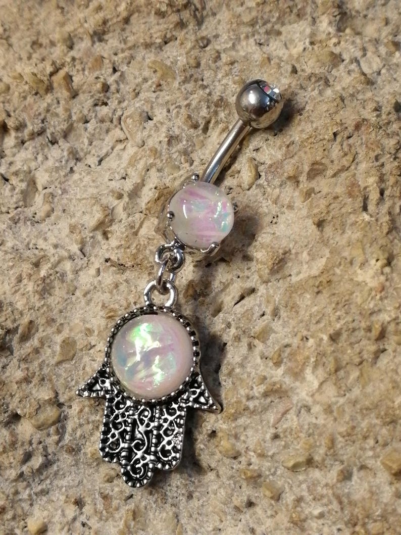 White Fire Opal Hamsa Hand Dangle Belly Bar UK Seller