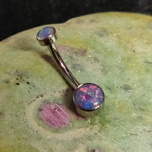 Bezel Set Light Purple Fire Opal Internally Threaded Titanium Belly Bar Navel Piercing Ring - UK Seller