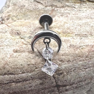 Crescent Moon Crystal Dangle | Titanium Piercing Stud | 1.2mm 16g | Flat Back Labret | Ear Cartilage Conch Hidden Helix Earring | UK Seller