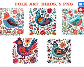 Puede incluir: Cinco ilustraciones de pájaros de arte popular coloridos con patrones florales. Cada pájaro es único y presenta una variedad de colores, incluyendo azul, rojo, verde, amarillo y naranja. Los pájaros están rodeados de flores y hojas, creando un diseño vibrante y caprichoso.