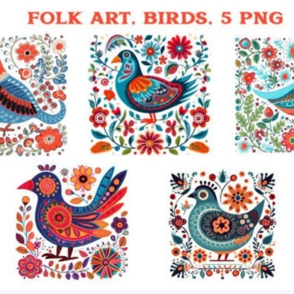 5 Folk Art Bird Clipart Collection - Digital Download for Creative Projects