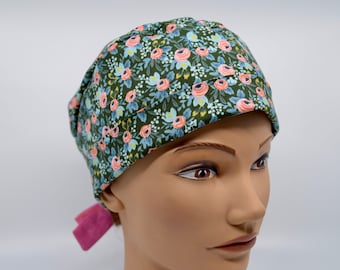 Women's pixie scrub hat, Rifle Paper Co. fabric, Rosa green