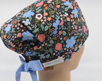 Women's Scrub Hat: Rifle Paper Cotton Fabric, Wild Rose in Black, Pixie Style, Handmade