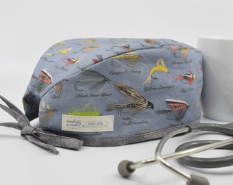 Men's scrub hat, Spoonflower fabric, blue fly fishing ties