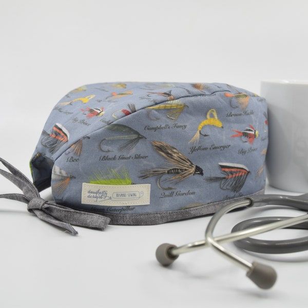 Men's scrub hat, Spoonflower fabric, blue fly fishing ties