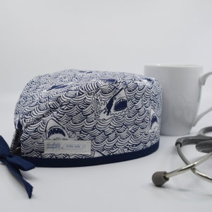 Men's scrub hat, navy sharks image 1