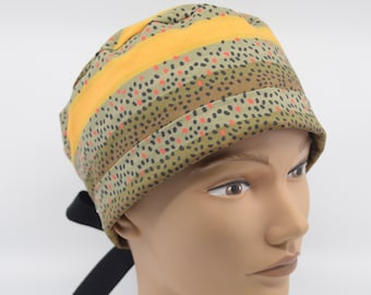 Women's pixie scrub hat, Spoonflower fabric, brown trout