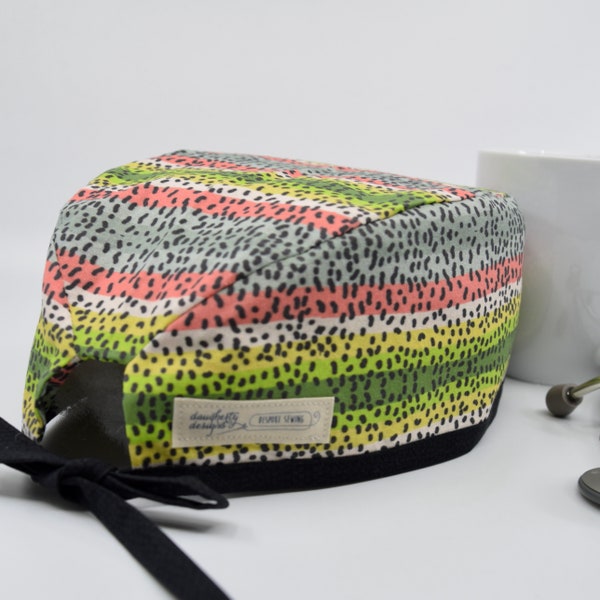 Men's scrub hat, Spoonflower fabric, Rainbow trout