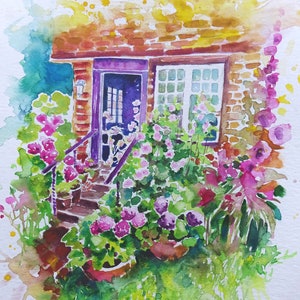 Watercolour painting of a purple door with flowers