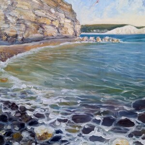 Dipinto ad olio di The Hope Gap, Seaford nel Sussex, uno schizzo di pittura ad olio su carta ruvida pronto per essere incorniciato