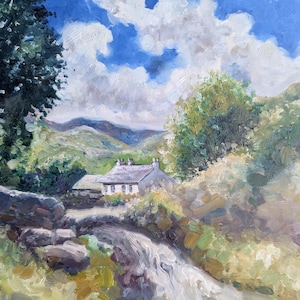 Dipinto ad olio di un cottage nello Yorkshire (probabilmente?), uno schizzo di pittura ad olio su carta ruvida pronto per essere incorniciato