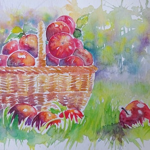 バスケットに入った赤いリンゴ - 水彩画 - 赤と緑