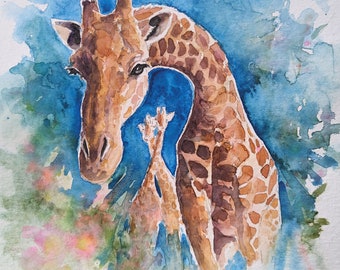 Watercolour painting of three Giraffes