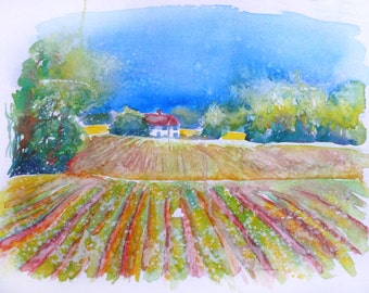 Watercolour painting of a farmhouse in Sussex, England