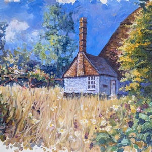 Dipinto ad olio di The Flower Meadow House, uno schizzo di pittura ad olio su carta ruvida pronto per essere incorniciato