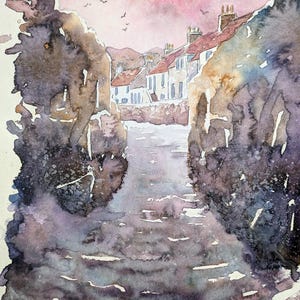 Watercolour painting of a an ancient Scottish village seen from the harbor