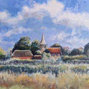 Dipinto ad olio della chiesa di Alfriston nell'East Sussex: uno schizzo a olio su carta ruvida pronto per essere incorniciato