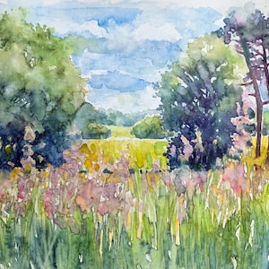 Watercolour painting of an English summer meadow with trees and flowers