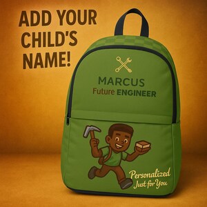 Sac à dos vert personnalisé pour garçon – Cartable de style gamer | Thème du futur ingénieur | Cartable avec nom personnalisé | Cadeau pour la rentrée