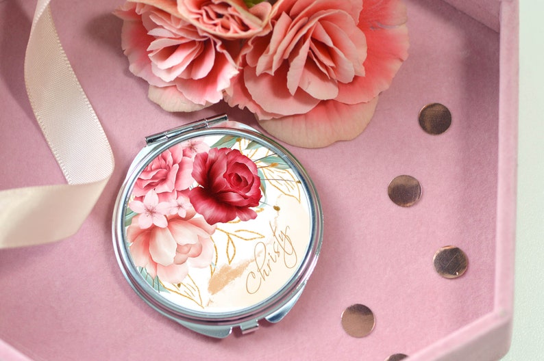 Floral Compact Mirror Personalized Name Mirror Bridesmaid Etsy