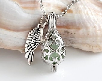 Sterling Silver Openwork Teardrop Locket | Urn Necklace for Ashes | Angel Wing Keepsake | Memorial Cremation Jewelry | Funeral Jewelry Gifts
