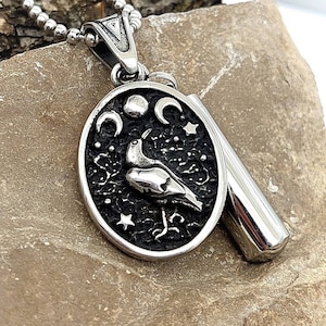 Crow with Moon Phases Urn Necklace for Ashes | Cremation Jewelry for Men or Women | Urn Jewelry | Small Urn for Ashes | Sympathy Gifts