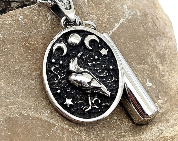 Crow with Moon Phases Urn Necklace for Ashes | Cremation Jewelry for Men or Women | Urn Jewelry | Small Urn for Ashes | Sympathy Gifts