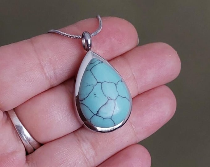 Turquoise Howlite Teardrop Urn Locket, Cremation Jewelry Urn Necklace, Ashes Pendant, Memorial Gifts for Her