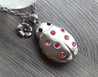 Ladybug Urn Necklace, Stainless Steel Cremation Locket for Ashes, Locks of Hair, Memorial Jewelry