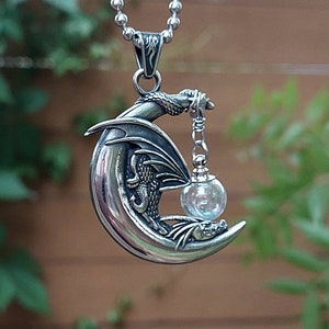 Dragon Moon Urn Necklace: Stainless Steel Cremation Ashes Keepsake, MemorialJewellery (Fillable Orb)