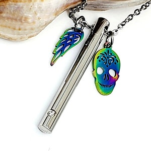 Sugar Skull Urn Necklace for Memorial Ashes | Cremation Ash Jewelry | Keepsake Gifts | Urn Jewellery | Small Urns for Ashes | Rainbow Skull