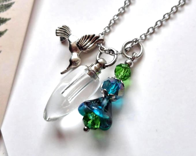 Hummingbird Urn Necklace | Blue Flower Cremation Ashes Keepsake, Hummingbird Memorial Urn Jewelry
