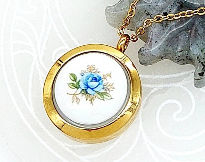 Blue Rose Cremation Locket Ashes Necklace | Glass Hair Locket | Mourning Urn Jewelry | Cremation Jewelry | Funeral Memorial Gift