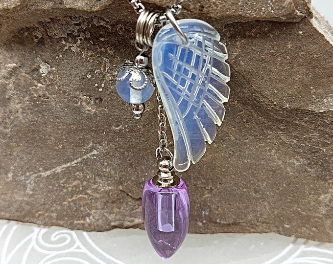 Opalite Angel Wings Urn Jewelry | Cremation Necklace for Ashes | Cremation Jewelry | Keepsake Gift | Ashes Jewellery | Reliquary Ash Holder